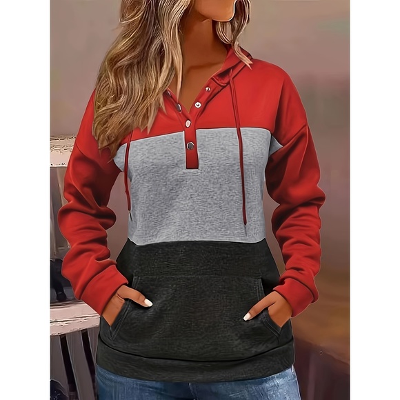 Color Block Kangaroo Pocket Hoodie, Casual Long Sleeve Drawstring Hooded Sweatsh - Picture 1 of 5